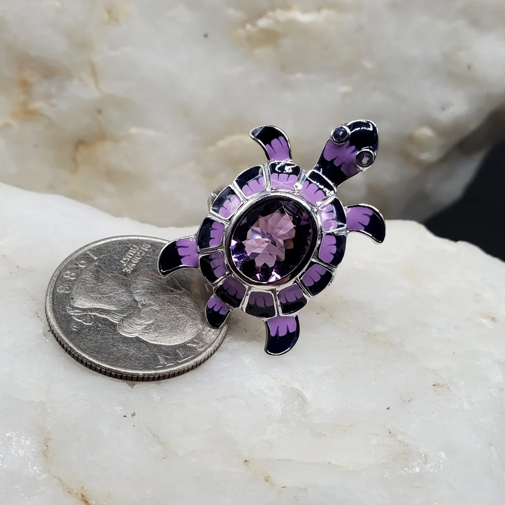 Solid Sterling Silver 925 Large Genuine Amethyst Gemstone Turtle Jewelry